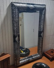 Specchio Marocchino Cornice Incisa Metallo Argentato Fatto A Mano Decorativo 