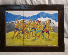QUADRO IN CERAMICA DIPINTO A MANO DUELLO SICILIANO MAIOLICA DI AGRIGENTO VINTAGE