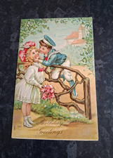 Vintage Embossed Birthday Postcard Victorian Children Flowers