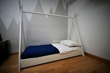 Letto bambino legno bianco con materasso stile scandinavo forma di tenda 160x80
