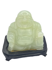 ARTE ORIENTALE BUDDHA IN GIADA NATURALE CON BASE IN LEGNO