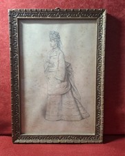 antico disegno. Bellissimo disegno firmato, dama in abito; sec.XIX; cm 21x30