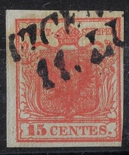 1850 ASI Lombardo Veneto 15 cent rosso vermiglio I tipo 14b firmato sorani usato
