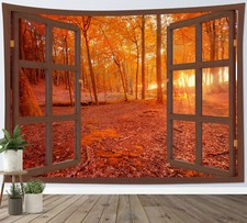 Wooden Window Sunset Forest Fall Tapestry Wall Hanging Bedspread Art Home Decor