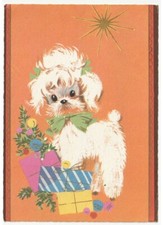 1969 cartolina vintage Buon Natale cane barboncino bianco pacchi regalo