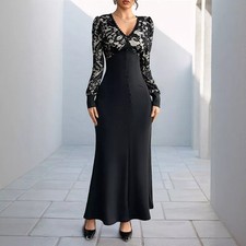 Abito Lungo Nero Elegante Con Pizzo Ricamato E Bottoni Chic Da Cerimonia CF48114