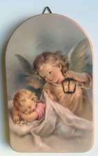 Quadretto in legno alto cm 13 ANGELO CUSTODE con Bambino perfetto pari al nuovo