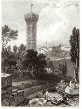 FIESOLE  ,di HARDING ,dal vero, incisione  su rame, 1833 ,  PASSEPARTOUT