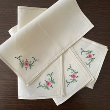 4 TOVAGLIOLI VINTAGE da dessert misto lino con orlo a jour e ricamo a mano cm 27