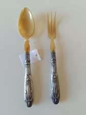 Vecchia coppia posate da portata cucchiaio e forchetta argento 800 e osso