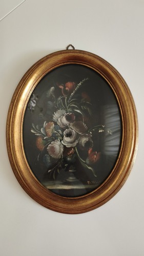 Quadro ovale olio vaso - , di