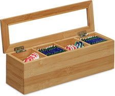Scatola Porta Tè, Tisante, in Legno Bambù, 4 Scomparti, Coperchio Trasparente, S