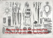 Reliquie dei popoli indigeni nativi dell'Alaska, grande stampa antica incisione 1860