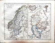 Mappa antica Carta Svezia Norvegia Danimarca Islanda Atlante geografico Stieler