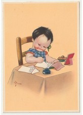 Non Viaggiata cartolina augurale d'epoca bambino lettera calamaio