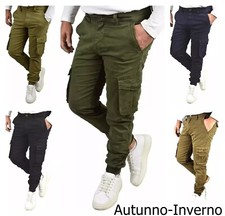 Pantaloni Cargo Uomo Slim Con Tasche Laterali Tasconi Cotone Invernali Blu 46 48
