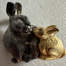 Spilla coniglio mamma Vero bicolore argento oro coniglietto strass occhi vintage