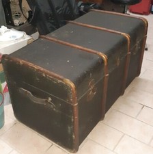 BAULE DA VIAGGIO DI FINE '800 IN LEGNO RIVESTITO CON TELA VERDE ORIGINALE