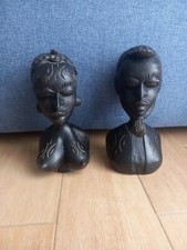 Vintage Busti Busto Scultura Intagliati Uomo Donna Africa Legno Nero Fermalibri