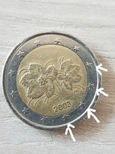 Moneta da 2 euro rara Finlandia anno 2003, Fiori di lampone, con errore di conio