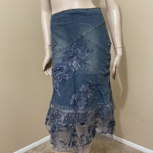 Jeans blu denim perline ricamo