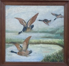 Sconosciuto Tiermaler Anatre IN Volo Paesaggio Lago Caccia Dipinto a Olio