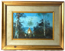 quadro olio su tavola paesaggio bosco pastorella con pecora scena con alberi