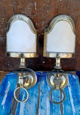 Coppia Lampade Da Parente In Ottone Con Paralume In Tessuto Vintage Appliques