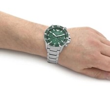 nuovo OROLOGIO UOMO EMPORIO ARMANI ACCIAIO INOX CINTURINO ARGENTO E QUADRANTE VERDE AR11500