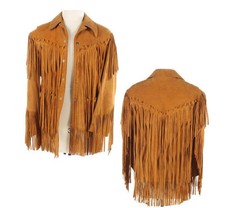 Giacca hippie da uomo in vera pelle scamosciata con frange cappotto marrone...