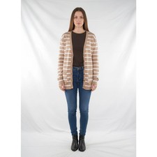 Zara Knit Cardigan Donna Beige Bianco L Righe Maglia Lunga Cotone Stile Casual