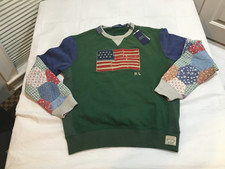 Polo Ralph Lauren uomo bandiera patchwork felpa pile verde media nuova con etichette $268,00