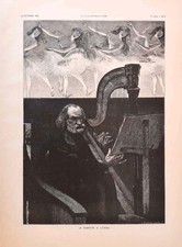 Stampa antica MUSICISTA SUONATORE DI ARPA ARPISTA all' Opera 1884 Antique print