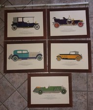 Collezione di 5 stampe di auto d'epoca vintage, LANCHESTER, HISPANO - SUIZA 45