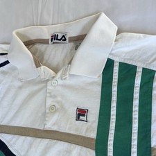 Maglia FILA vintage anni 90 XL bianca tennis polo asimmetrica a righe US francese 3066