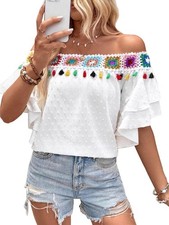 Top da Donna con Spalle Scoperte, Uncinetto Floreale, Nappe Ricamate, Camic3064