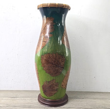 Vaso da terra grande vintage PALECEK 26" foglia naturale fibra di vetro con bordo in rattan base in legno