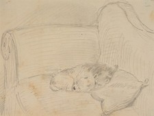 W. CAMPHAUSEN (*1818), Schizzo di un cagnolino sulla sedia, matita