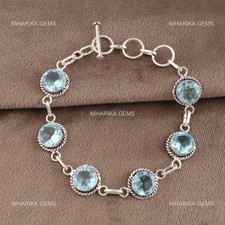 Bracciale Etnico In Argento Sterling 925 Con Gemma Di Topazio Blu Cielo