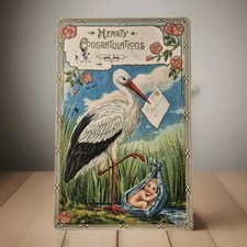 Congratulazioni nascita bambino 1913 cicogna in rilievo consegna, timbrata e timbrata