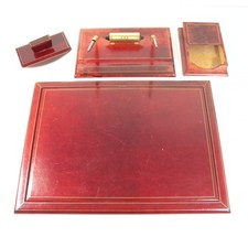 SET DA SCRIVANIA IN PELLE E LEGNO SOTTOMANO PORTA PENNE TAMPONE VINTAGE W215