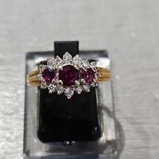 Anello a grappolo in oro giallo 18 kt vintage trilogy rubini e diamanti misura N