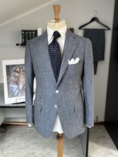 Cesare Attolini Suit Linen Wool Light Blue Prince of Wales Size L 50 Man