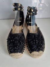SANDALI ESTIVI PIATTI CON CINTURINO ESPADRILLAS IN PIZZO NERO FRASSINO DESIGNER UK 4 EU 37