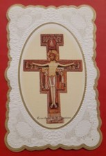 Santino CROCEFISSO DI ASSISI HolyCard Image Pieuse dorato fustellato simil pizzo