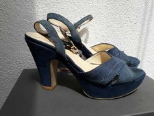 Sandalo tacco zeppa camoscio blu plateau MADE IN ITALY 37 USATO