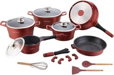 Set di Batterie Pentole e Padelle 17 Pz Antiaderente Rivest.in Pietra bordeaux