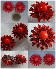 ORECCHINI ? donna VINTAGE 80 metallo INOSSIDABILE oro PIETRE fiori ROSSO smalto