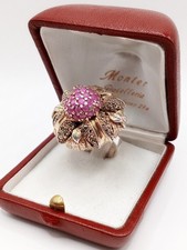 Anello Retrò Antico Vintage Argento 925 Placcato Oro 18 Kt Fiori Rubini E Marcas