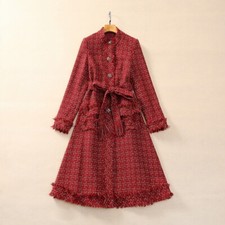 Cappotto donna tweed autunno/inverno stand collo abbottonato plaid frange lana cappotto